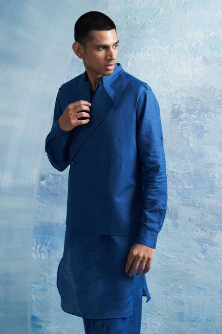 Shop Charkhee Blue Linen, Cotton Satin Solid Bundi Kurta Salwar Set Online at Aza Fashions Shop_Charkhee_Blue Linen, Cotton Satin Solid Bundi Kurta Salwar Set _Online_at_Aza_Fashions