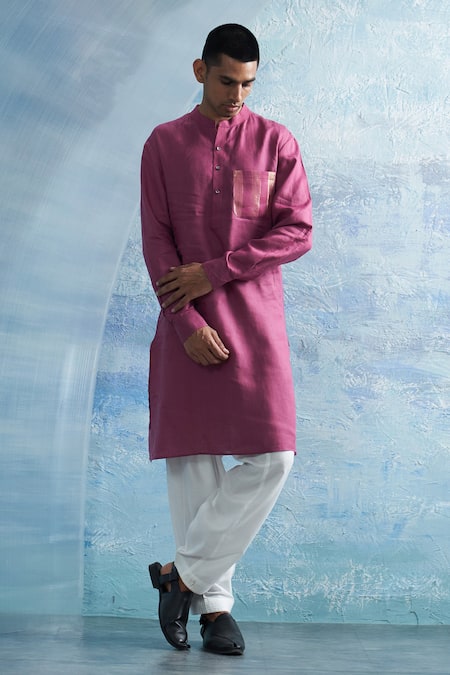 Buy_Charkhee_Pink Linen, Cotton Satin Zari Stripe Pocket Kurta With Salwar _Online_at_Aza_Fashions