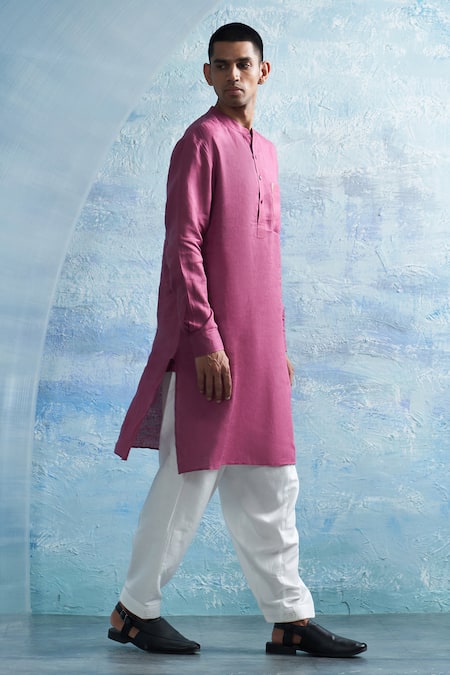 Shop_Charkhee_Pink Linen, Cotton Satin Zari Stripe Pocket Kurta With Salwar _Online_at_Aza_Fashions
