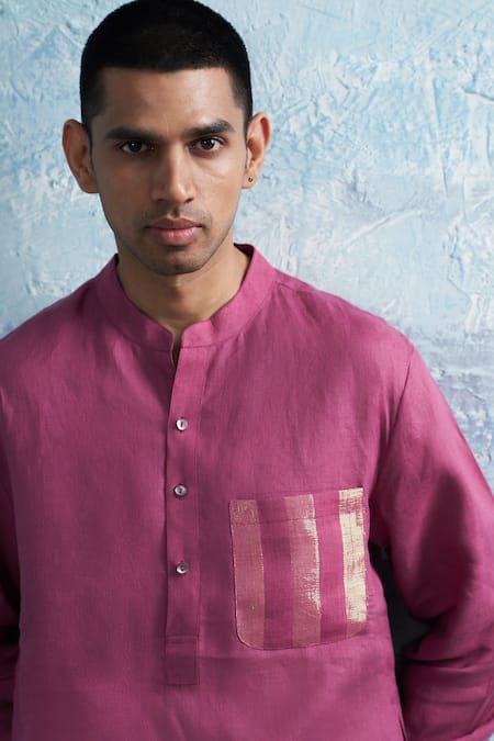 Charkhee_Pink Linen, Cotton Satin Zari Stripe Pocket Kurta With Salwar _at_Aza_Fashions