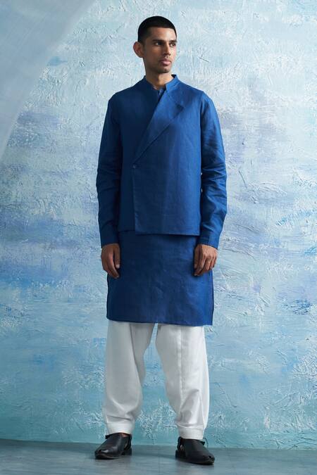 Shop Charkhee Blue Linen, Cotton Satin Zari, Embroidery Solid Bundi Salwar Set Online at Aza Fashions Shop_Charkhee_Blue Linen, Cotton Satin Zari, Embroidery Solid Bundi Salwar Set _Online_at_Aza_Fashions