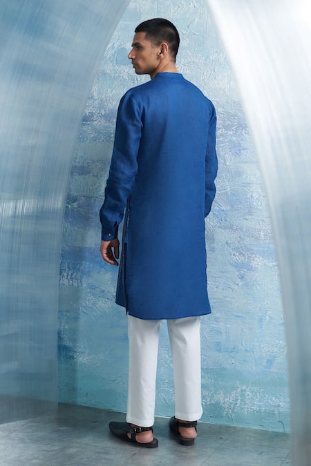 Shop Charkhee Blue , Linen, Satin, Poplin Zari Woven Stripe Kurta With Pant at Aza Fashions Shop_Charkhee_Blue , Linen, Satin, Poplin Zari Woven Stripe Kurta With Pant _at_Aza_Fashions