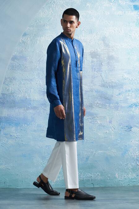 Buy Charkhee Blue , Linen, Satin, Poplin Zari Woven Stripe Kurta With Pant Online at Aza Fashions Buy_Charkhee_Blue , Linen, Satin, Poplin Zari Woven Stripe Kurta With Pant _Online_at_Aza_Fashions