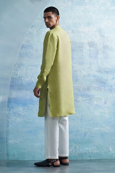 Shop Charkhee Green Cotton, Linen, Poplin Zari Striped Kurta With Pant at Aza Fashions Shop_Charkhee_Green Cotton, Linen, Poplin Zari Striped Kurta With Pant _at_Aza_Fashions