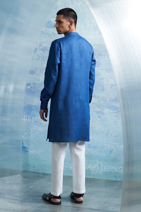 Shop Charkhee Blue Linen, Poplin Zari Solid Overlap Panel Kurta With Pant at Aza Fashions Shop_Charkhee_Blue Linen, Poplin Zari Solid Overlap Panel Kurta With Pant _at_Aza_Fashions
