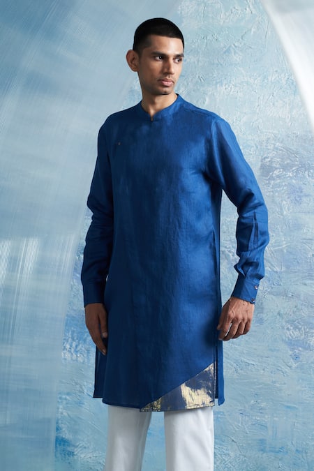Charkhee Blue Linen, Poplin Zari Solid Overlap Panel Kurta With Pant Online at Aza Fashions Charkhee_Blue Linen, Poplin Zari Solid Overlap Panel Kurta With Pant _Online_at_Aza_Fashions
