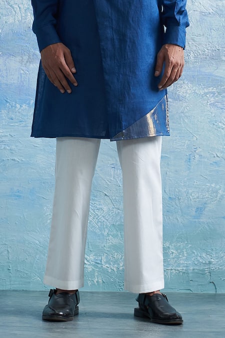 Buy Charkhee Blue Linen, Poplin Zari Solid Overlap Panel Kurta With Pant Online at Aza Fashions Buy_Charkhee_Blue Linen, Poplin Zari Solid Overlap Panel Kurta With Pant _Online_at_Aza_Fashions