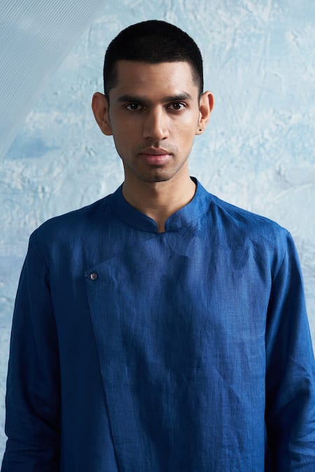 Shop Charkhee Blue Linen, Poplin Zari Solid Overlap Panel Kurta With Pant Online at Aza Fashions Shop_Charkhee_Blue Linen, Poplin Zari Solid Overlap Panel Kurta With Pant _Online_at_Aza_Fashions