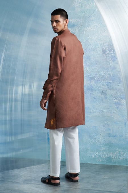 Shop_Charkhee_Brown Linen, Poplin Zari Overlap Panel Solid Kurta With Pant _at_Aza_Fashions