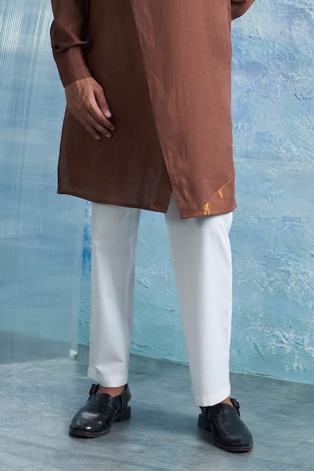 Charkhee_Brown Linen, Poplin Zari Overlap Panel Solid Kurta With Pant _Online_at_Aza_Fashions