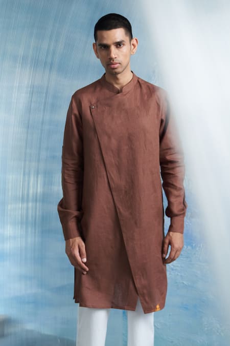 Buy_Charkhee_Brown Linen, Poplin Zari Overlap Panel Solid Kurta With Pant _Online_at_Aza_Fashions