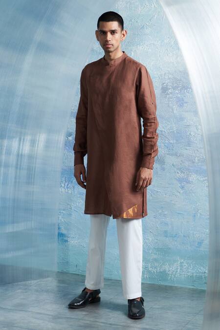 Shop_Charkhee_Brown Linen, Poplin Zari Overlap Panel Solid Kurta With Pant _Online_at_Aza_Fashions
