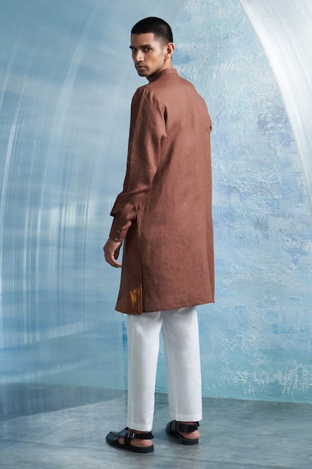 Shop Charkhee Brown Linen, Poplin Zari Bundi Kurta Pant Set at Aza Fashions Shop_Charkhee_Brown Linen, Poplin Zari Bundi Kurta Pant Set _at_Aza_Fashions
