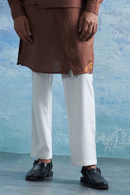 Charkhee Brown Linen, Poplin Zari Bundi Kurta Pant Set Online at Aza Fashions Charkhee_Brown Linen, Poplin Zari Bundi Kurta Pant Set _Online_at_Aza_Fashions