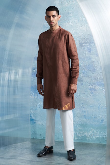 Charkhee Brown Linen, Poplin Zari Bundi Kurta Pant Set at Aza Fashions Charkhee_Brown Linen, Poplin Zari Bundi Kurta Pant Set _at_Aza_Fashions