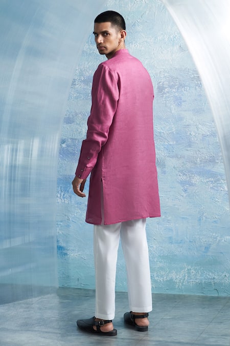 Shop Charkhee Pink Linen, Poplin Zari Panel Placement Kurta With Pant at Aza Fashions Shop_Charkhee_Pink Linen, Poplin Zari Panel Placement Kurta With Pant _at_Aza_Fashions
