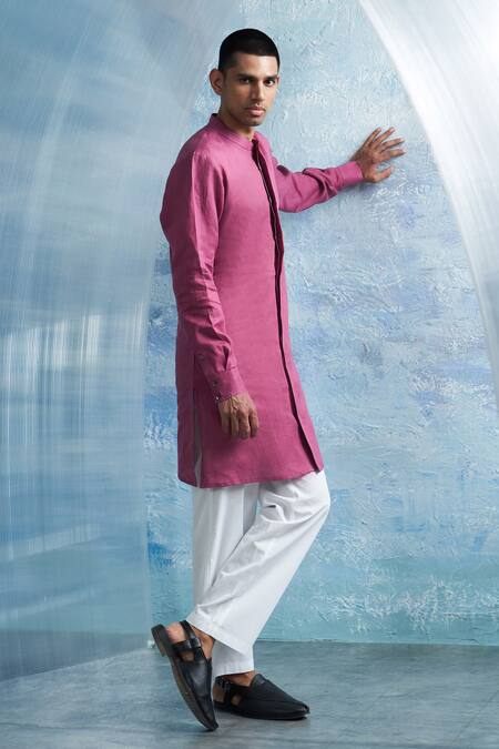 Charkhee Pink Linen, Poplin Zari Panel Placement Kurta With Pant at Aza Fashions Charkhee_Pink Linen, Poplin Zari Panel Placement Kurta With Pant _at_Aza_Fashions