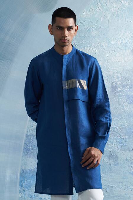 Charkhee_Blue Linen, Poplin Zari Placement Kurta With Pant _Online_at_Aza_Fashions