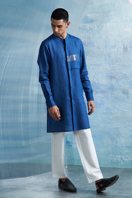 Charkhee_Blue Linen, Poplin Zari Placement Kurta With Pant _at_Aza_Fashions