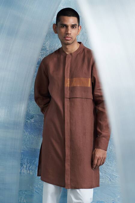 Charkhee_Brown Linen, Poplin Zari Panel Placement Kurta With Pant _Online_at_Aza_Fashions