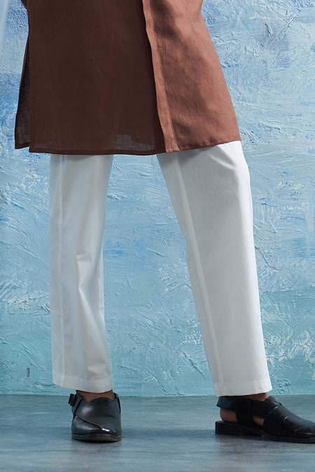 Buy_Charkhee_Brown Linen, Poplin Zari Panel Placement Kurta With Pant _Online_at_Aza_Fashions
