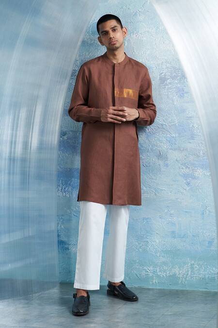 Shop_Charkhee_Brown Linen, Poplin Zari Panel Placement Kurta With Pant _Online_at_Aza_Fashions