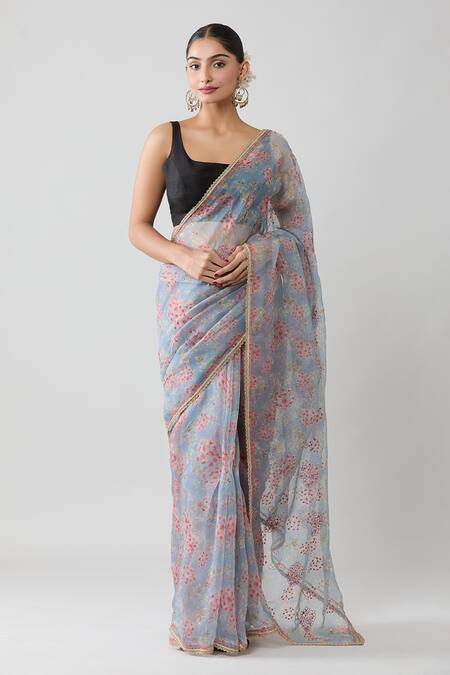 Samyukta Singhania_Grey Organza, Silk Embroidery Floral Print Saree With Running Blouse_Online_at_Aza_Fashions