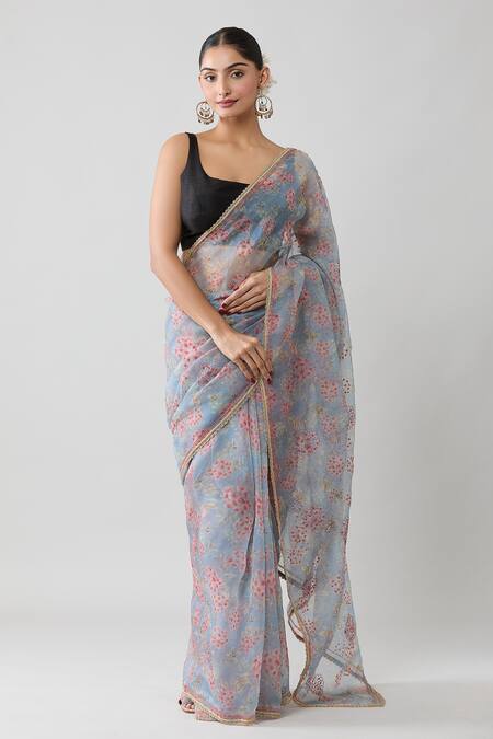 Buy_Samyukta Singhania_Grey Organza, Silk Embroidery Floral Print Saree With Running Blouse_Online_at_Aza_Fashions