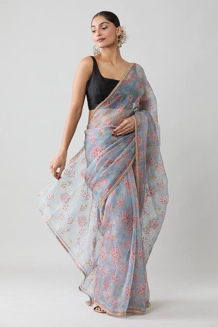 Samyukta Singhania_Grey Organza, Silk Embroidery Floral Print Saree With Running Blouse_at_Aza_Fashions