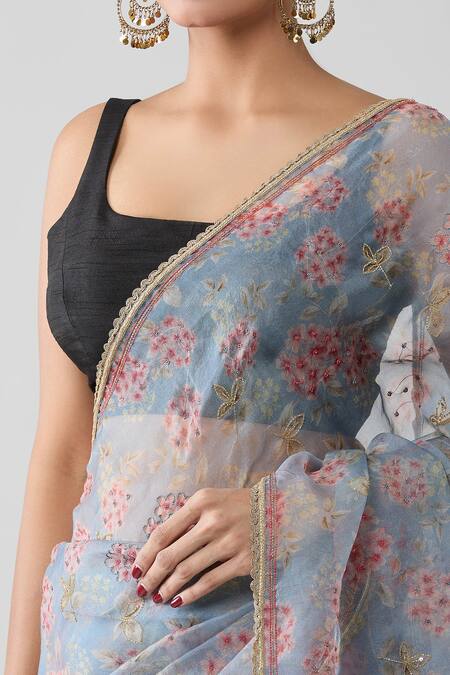 Buy_Samyukta Singhania_Grey Organza, Silk Embroidery Floral Print Saree With Running Blouse