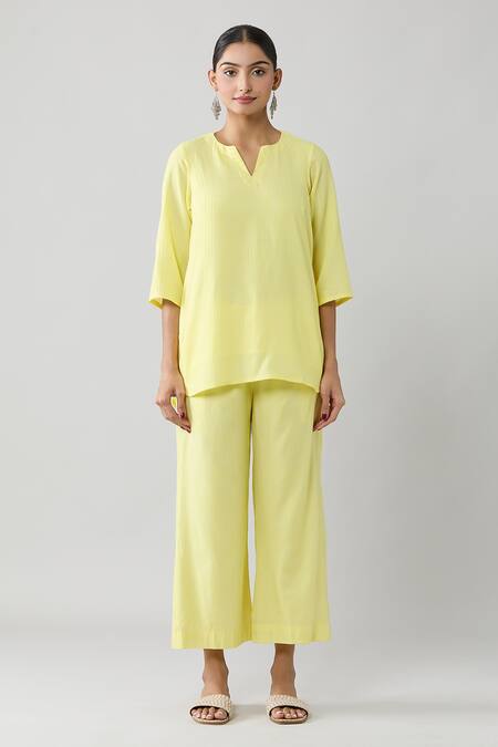 Naintara Bajaj Yellow Cotton Keyhole Neck Pintucked Top And Pant Co-ord Set Online at Aza Fashions Naintara Bajaj_Yellow Cotton Keyhole Neck Pintucked Top And Pant Co-ord Set _Online_at_Aza_Fashions