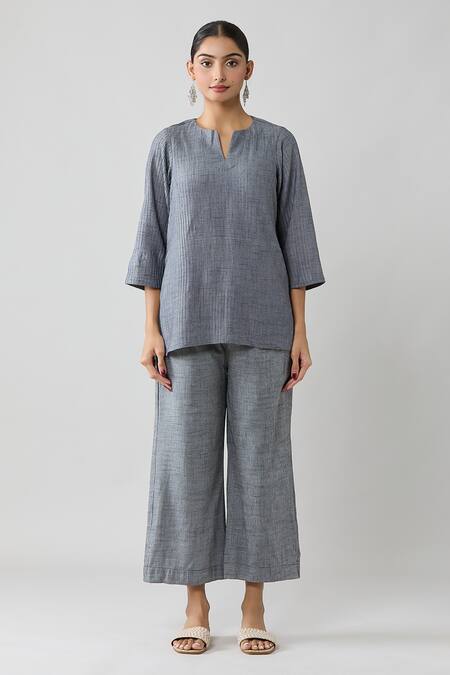 Naintara Bajaj Grey Cotton Split V-neck Pintucked Top And Solid Pant Co-ord Set Online at Aza Fashions Naintara Bajaj_Grey Cotton Split V-neck Pintucked Top And Solid Pant Co-ord Set _Online_at_Aza_Fashions