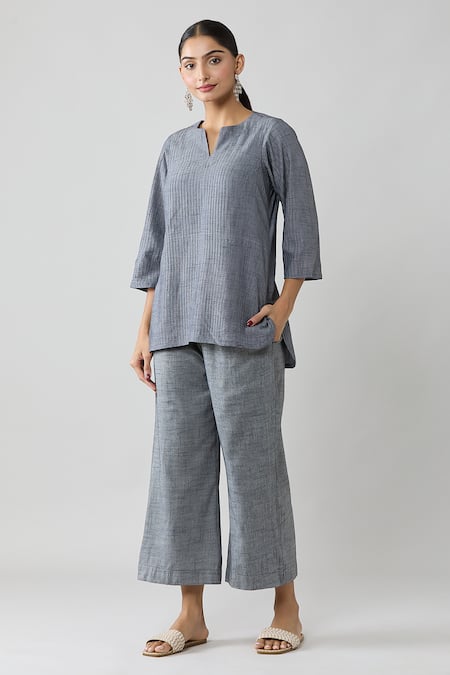 Buy Naintara Bajaj Grey Cotton Split V-neck Pintucked Top And Solid Pant Co-ord Set Online at Aza Fashions Buy_Naintara Bajaj_Grey Cotton Split V-neck Pintucked Top And Solid Pant Co-ord Set _Online_at_Aza_Fashions