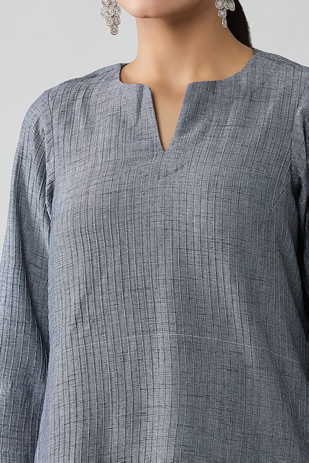 Shop Naintara Bajaj Grey Cotton Split V-neck Pintucked Top And Solid Pant Co-ord Set Online at Aza Fashions Shop_Naintara Bajaj_Grey Cotton Split V-neck Pintucked Top And Solid Pant Co-ord Set _Online_at_Aza_Fashions