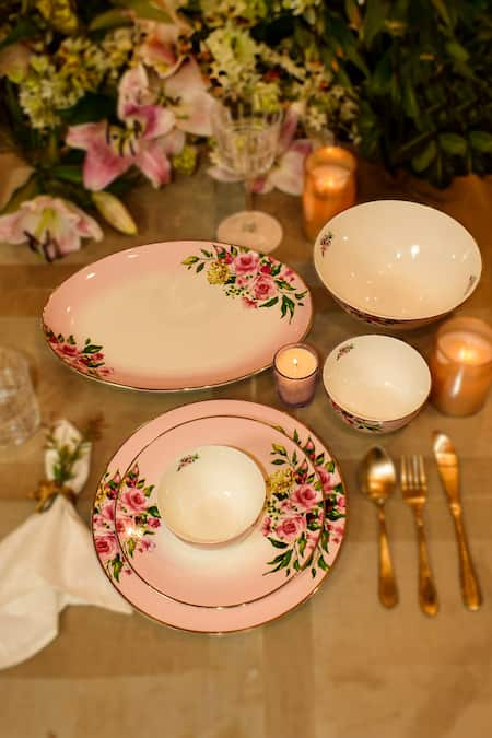 Ichkan Pink Bone China Floral Pattern Garland 33 Pcs Dinner Set 