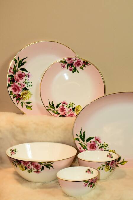 Shop_Ichkan_Pink Bone China Floral Pattern Garland 33 Pcs Dinner Set_at_Aza_Fashions