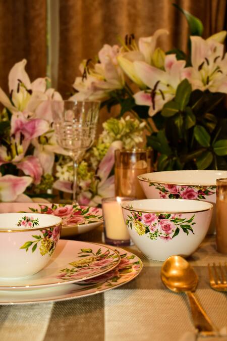 Ichkan_Pink Bone China Floral Pattern Garland 33 Pcs Dinner Set_Online_at_Aza_Fashions