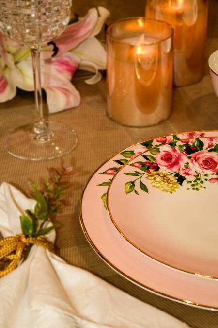 Buy_Ichkan_Pink Bone China Floral Pattern Garland 33 Pcs Dinner Set_Online_at_Aza_Fashions