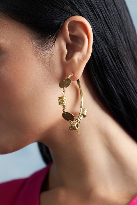 Shop Charkhee Gold Plated Stones, Gota Patti Coins And Embellished Hoop Earrings at Aza Fashions Shop_Charkhee_Gold Plated Stones, Gota Patti Coins And Embellished Hoop Earrings_at_Aza_Fashions