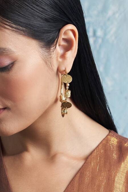 Charkhee Gold Plated Stones, Gota Patti Coins And Embellished Hoop Earrings Online at Aza Fashions Charkhee_Gold Plated Stones, Gota Patti Coins And Embellished Hoop Earrings_Online_at_Aza_Fashions