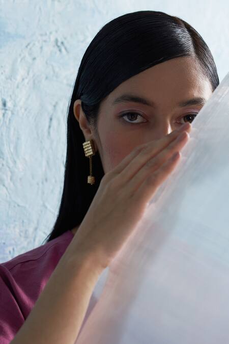 Charkhee_Gold Plated Stones Embellished Drop Earrings_Online_at_Aza_Fashions