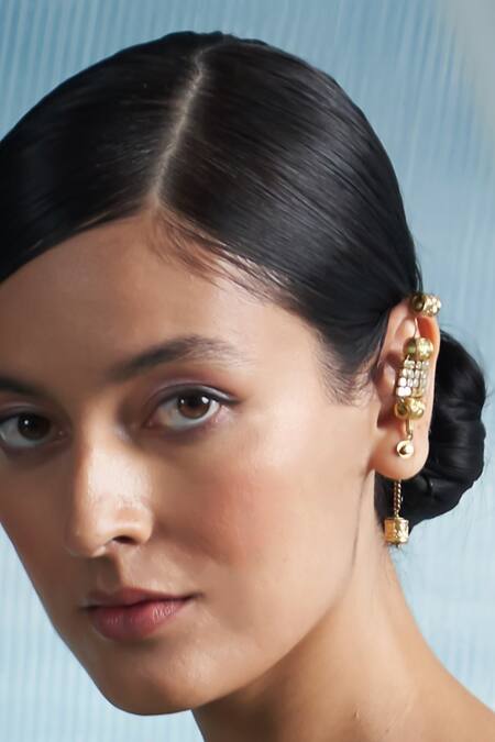 Shop_Charkhee_Gold Plated Stones Embellished Ear Cuffs_Online_at_Aza_Fashions