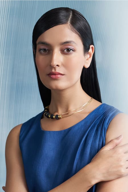 Charkhee_Gold Plated Thread Embroidered Neckpiece_Online_at_Aza_Fashions