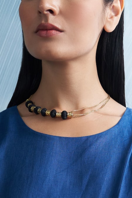 Shop_Charkhee_Gold Plated Thread Embroidered Neckpiece_Online_at_Aza_Fashions