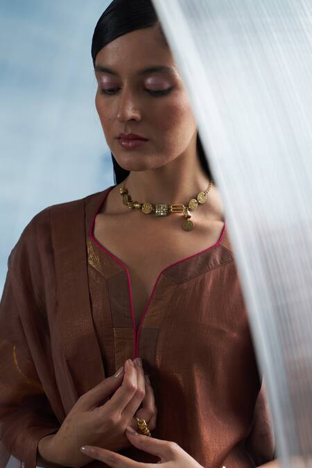 Charkhee Gold Plated Coins And Stones Embellished Neckpiece Online at Aza Fashions Charkhee_Gold Plated Coins And Stones Embellished Neckpiece_Online_at_Aza_Fashions