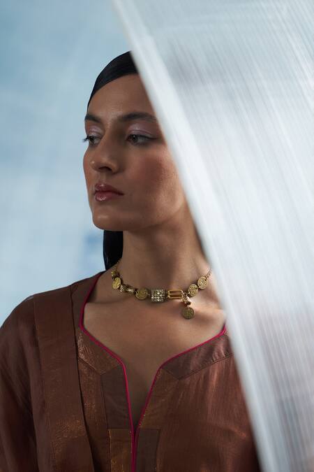 Buy Charkhee Gold Plated Coins And Stones Embellished Neckpiece Online at Aza Fashions Buy_Charkhee_Gold Plated Coins And Stones Embellished Neckpiece_Online_at_Aza_Fashions