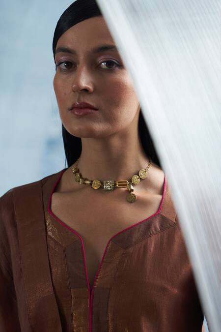 Shop Charkhee Gold Plated Coins And Stones Embellished Neckpiece Online at Aza Fashions Shop_Charkhee_Gold Plated Coins And Stones Embellished Neckpiece_Online_at_Aza_Fashions