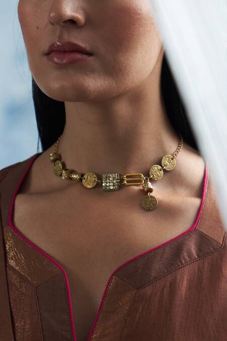 Charkhee Gold Plated Coins And Stones Embellished Neckpiece at Aza Fashions Charkhee_Gold Plated Coins And Stones Embellished Neckpiece_at_Aza_Fashions