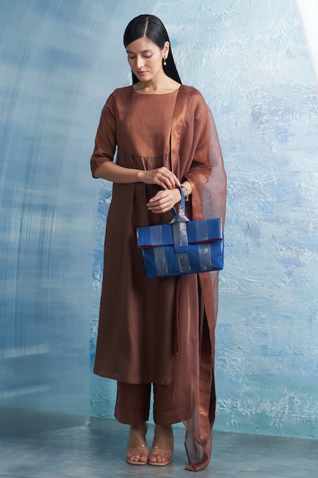 Shop Charkhee Blue Striped Pattern Handbag at Aza Fashions Shop_Charkhee_Blue Striped Pattern Handbag _at_Aza_Fashions