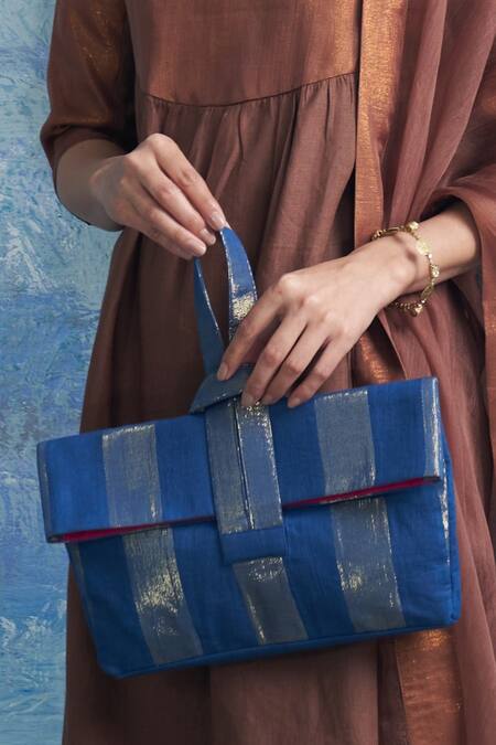 Charkhee Blue Striped Pattern Handbag Online at Aza Fashions Charkhee_Blue Striped Pattern Handbag _Online_at_Aza_Fashions